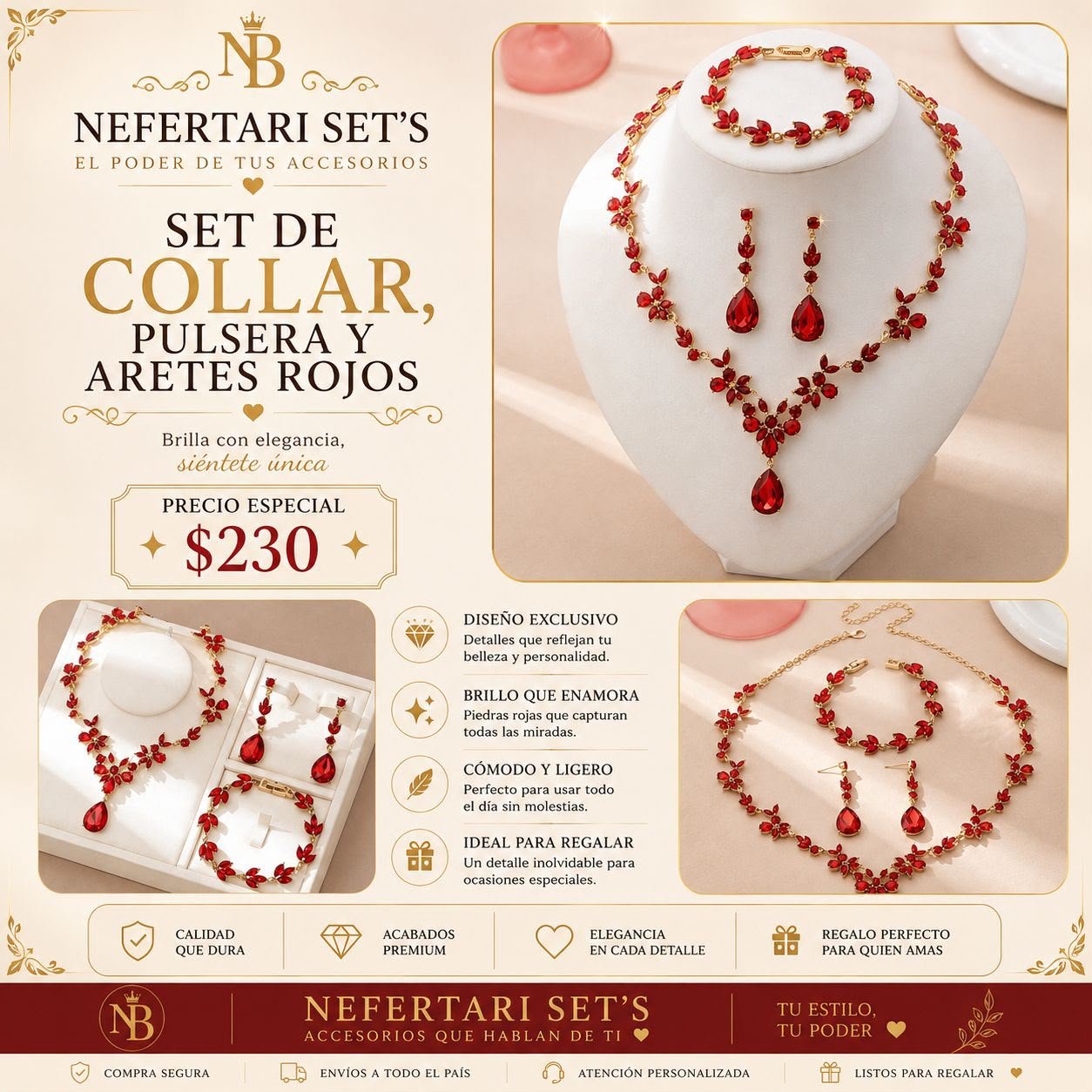 Set de Collar, Aretes y Pulsera Rojos