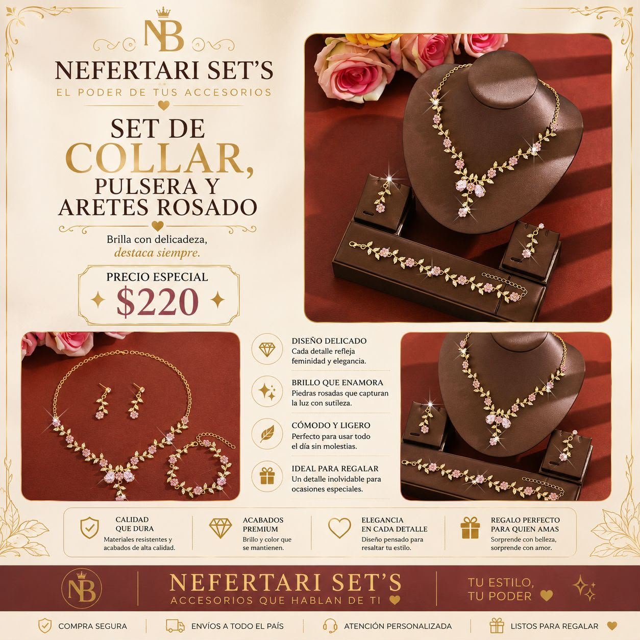 Set de Collar, Aretes y Pulsera Rosado