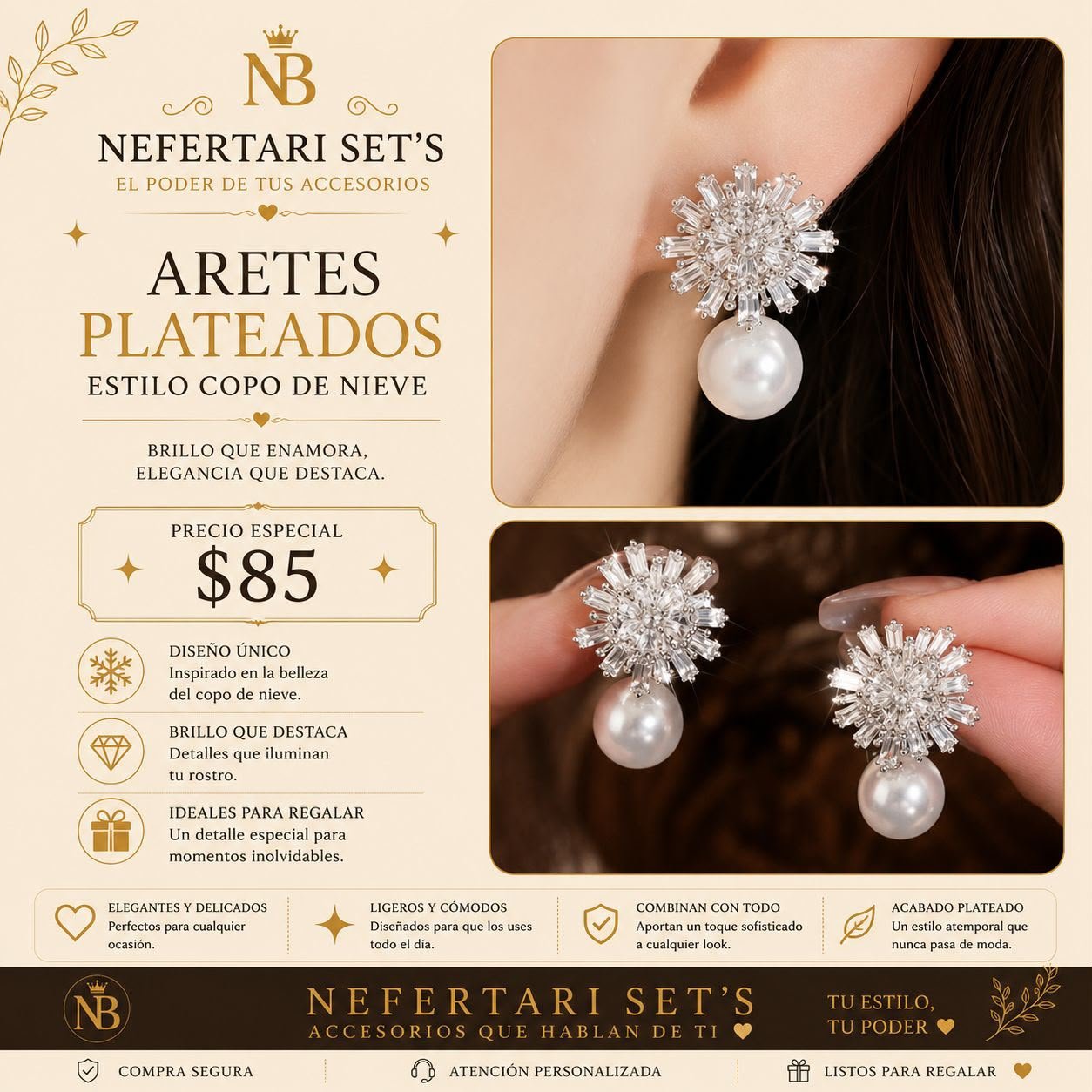 Aretes Copo de Nieve Plateados