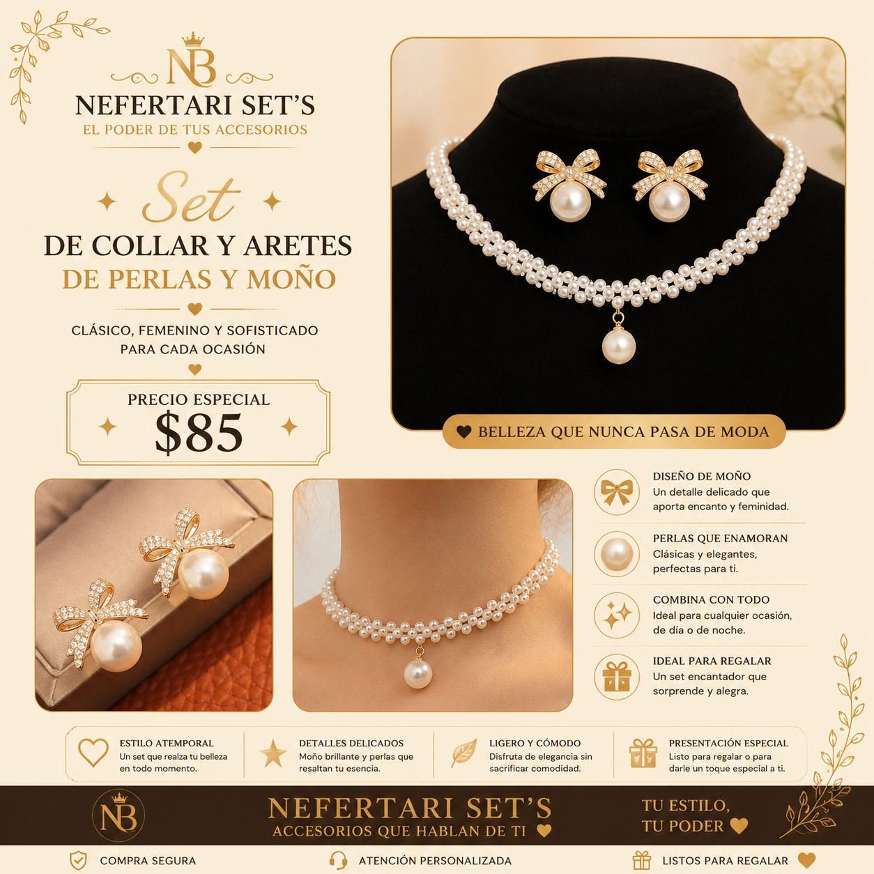 Set Collar y Aretes de Perlas