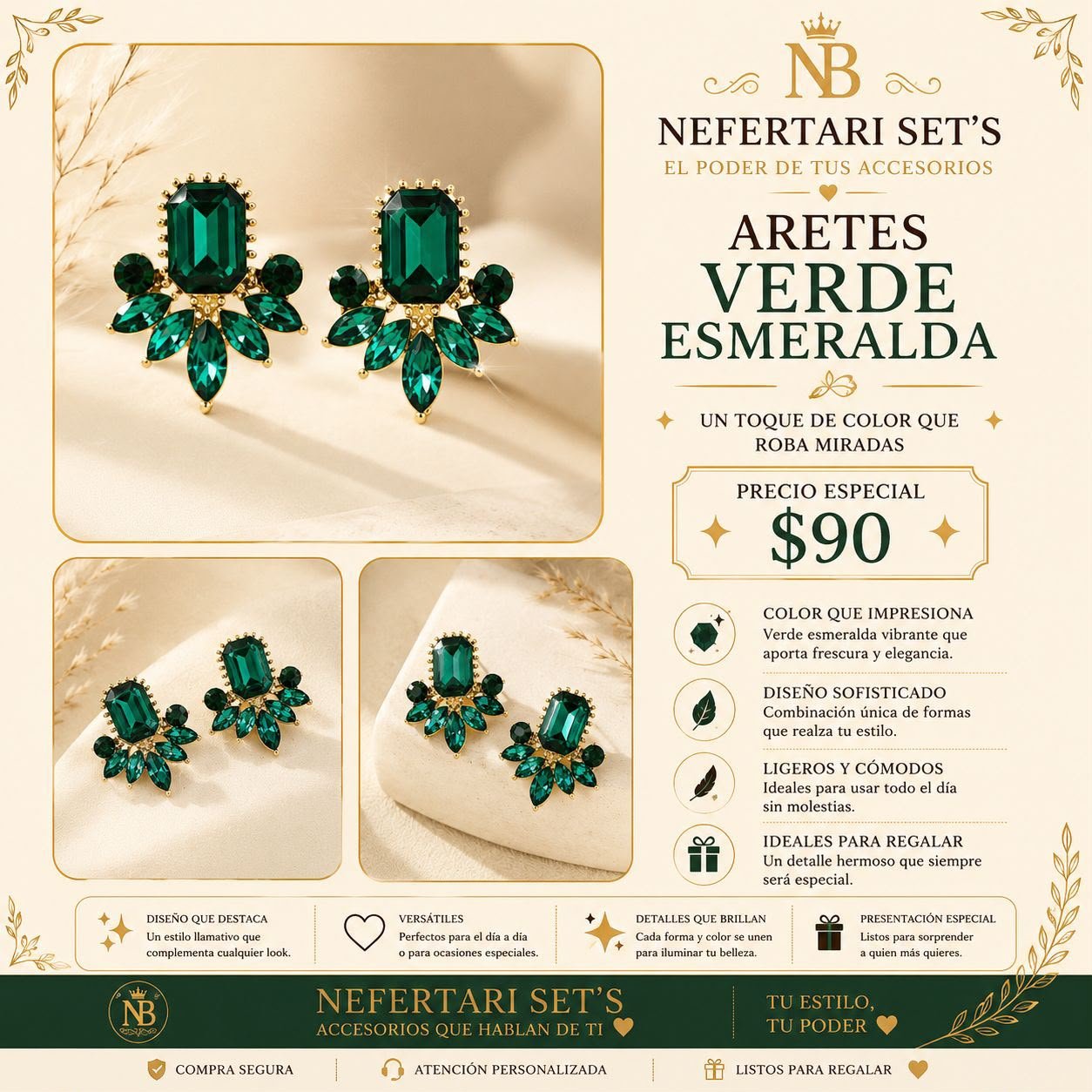 Aretes color Verde Esmeralda