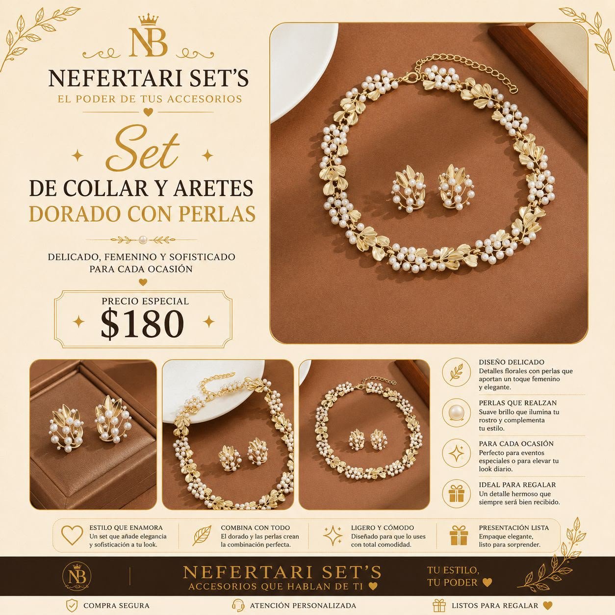 Set Collar y Aretes Dorado con Perlas