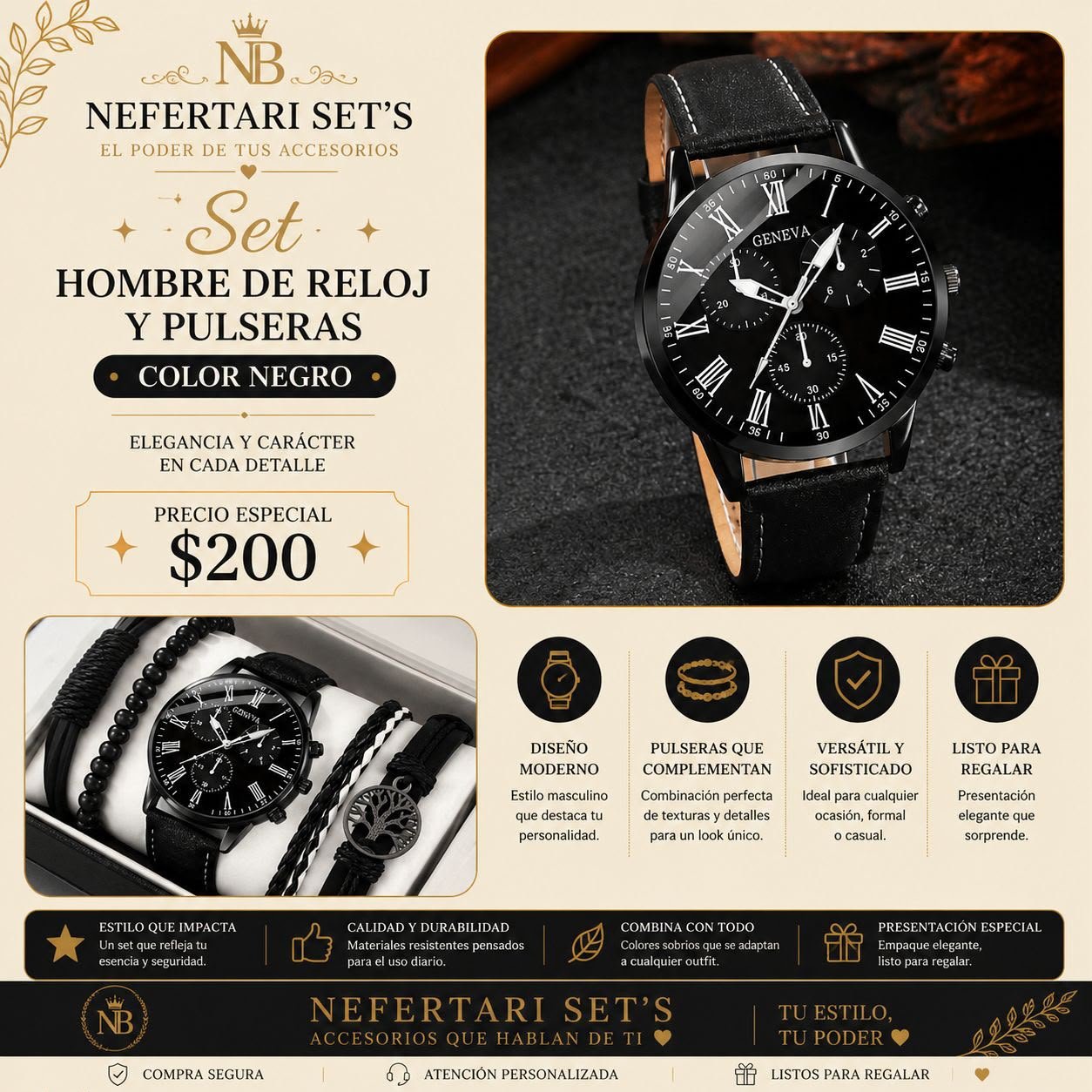 Set de Reloj y Pulseras color Negro para Hombre