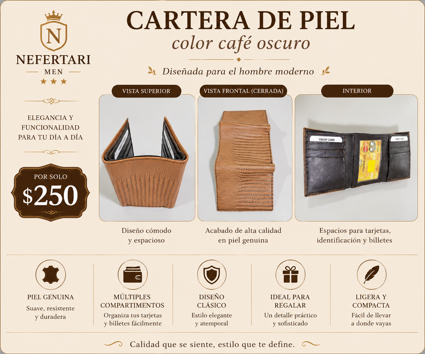 Cartera de Piel color cafe claro
