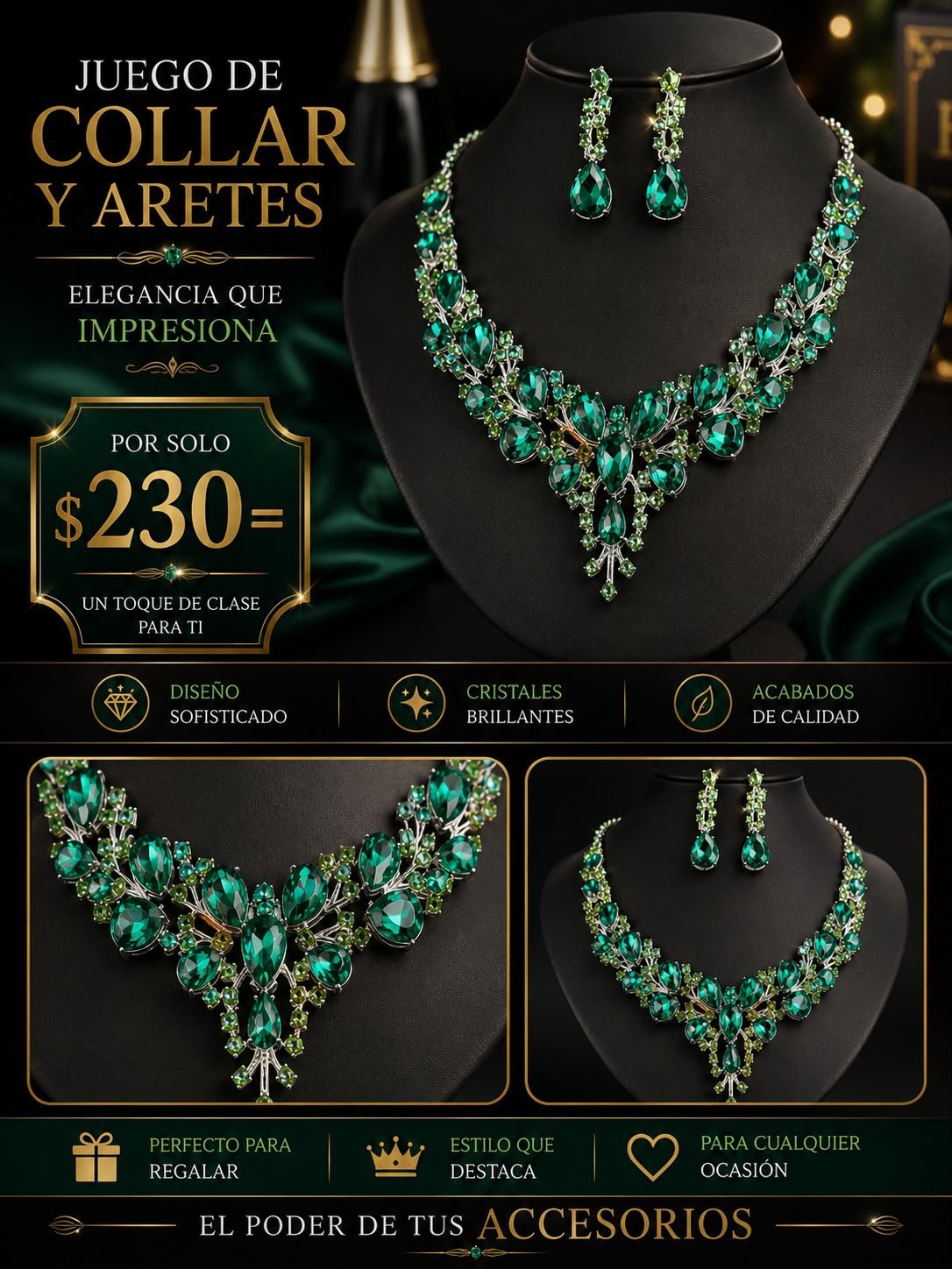 Set grande de Collar y Aretes color Verde