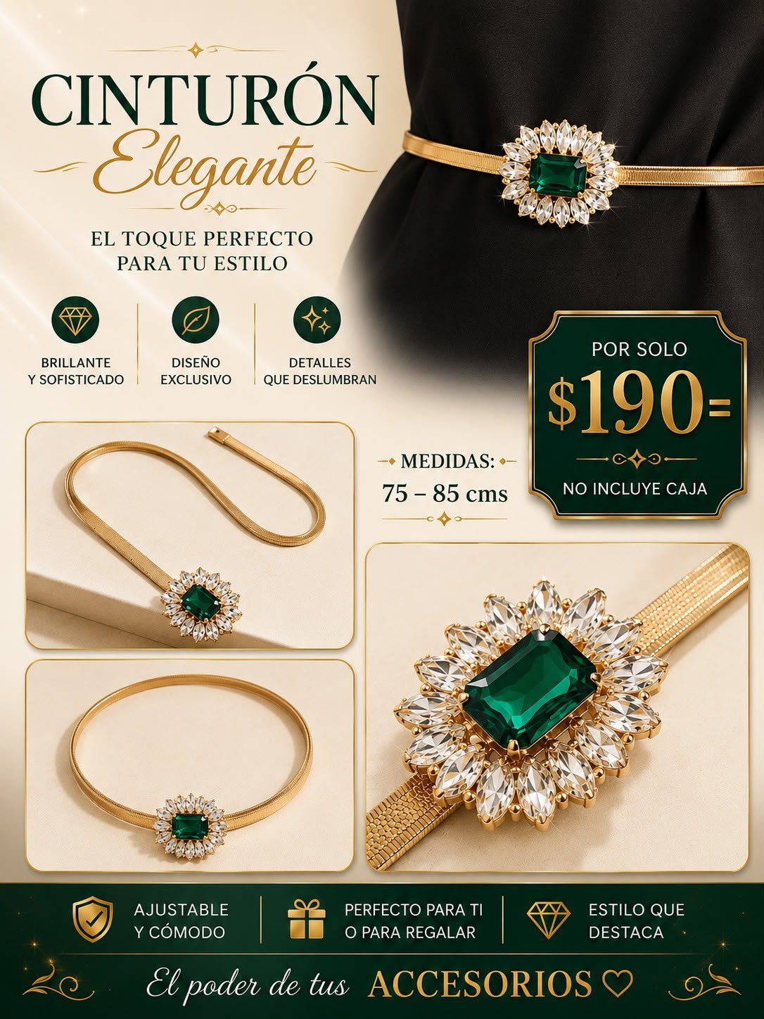 Cinturón color Dorado con piedra Verde