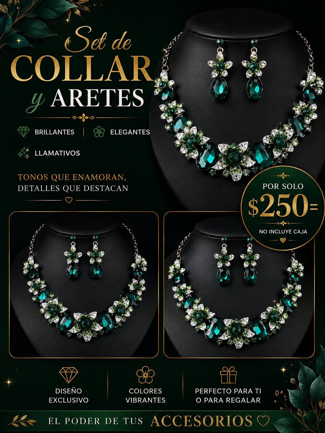 Set grande de Collar y Aretes forma de Flor color Verde