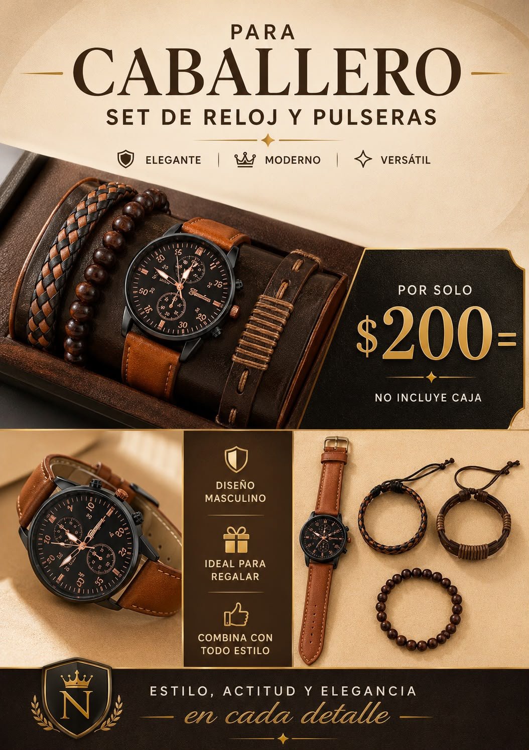 Set de Reloj y Pulseras color Café