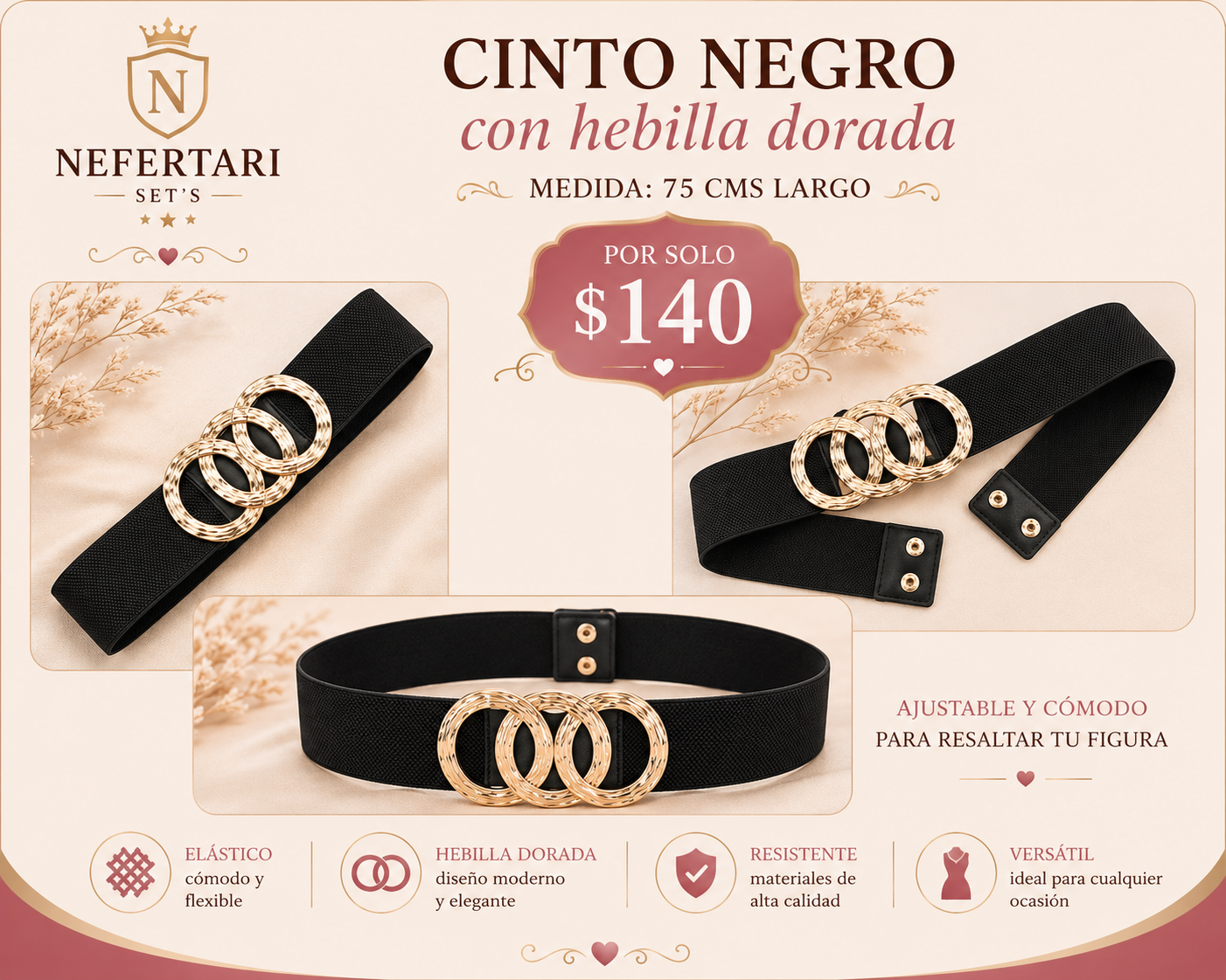 Cinto Negro con hebilla dorada