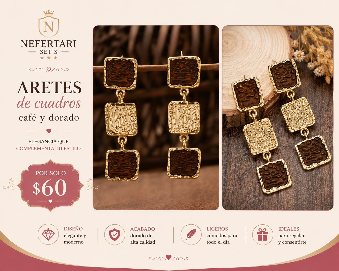 Aretes de cuadros color Café y Dorado