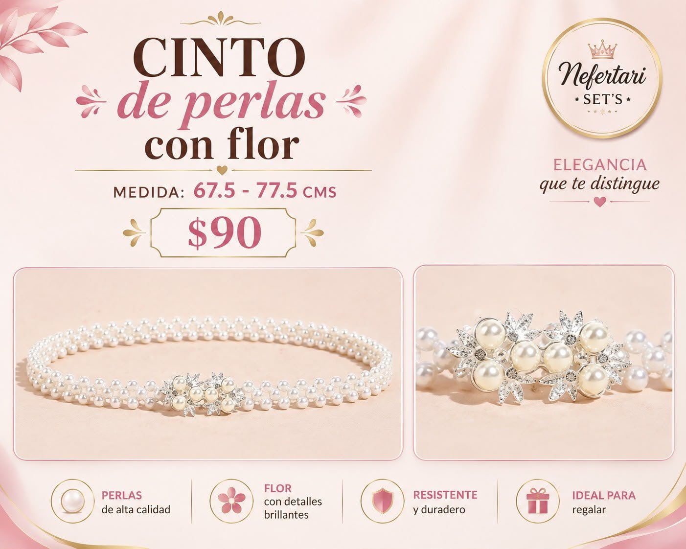 Cinturón de Perlas con Hebilla de Flor