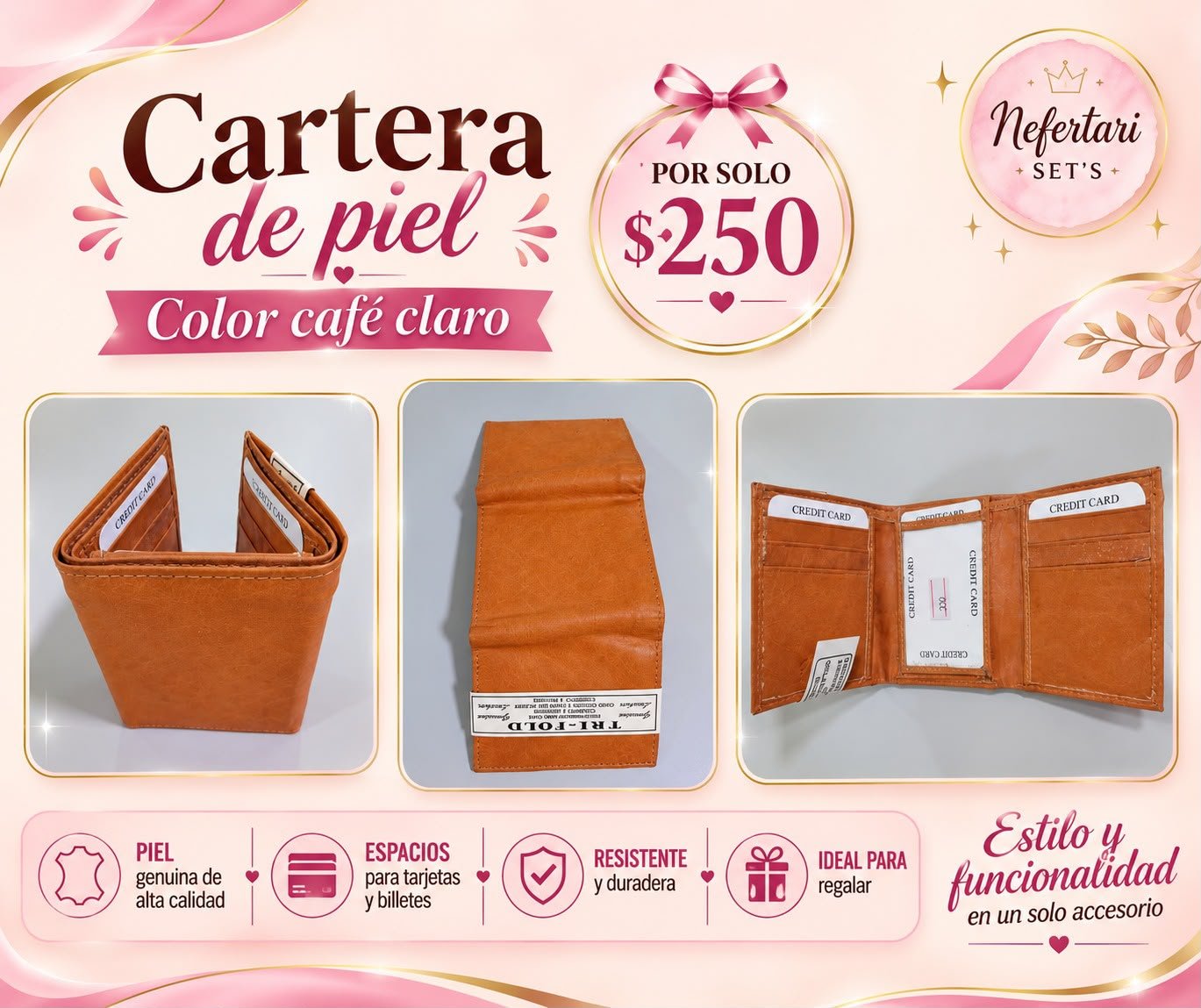 Cartera de Piel color Café Claro
