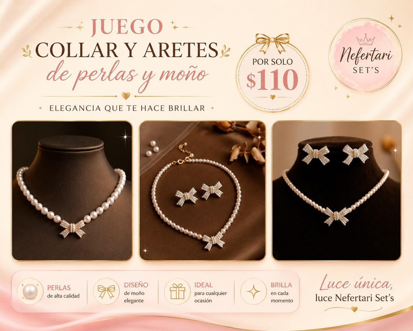 Set de Collar y Aretes de Perlas con adorno de moño