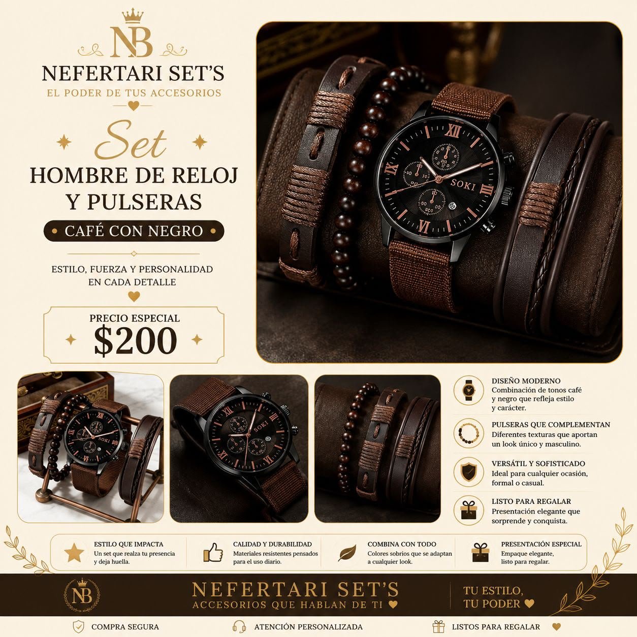 Set de Reloj y Pulseras color Café con Negro