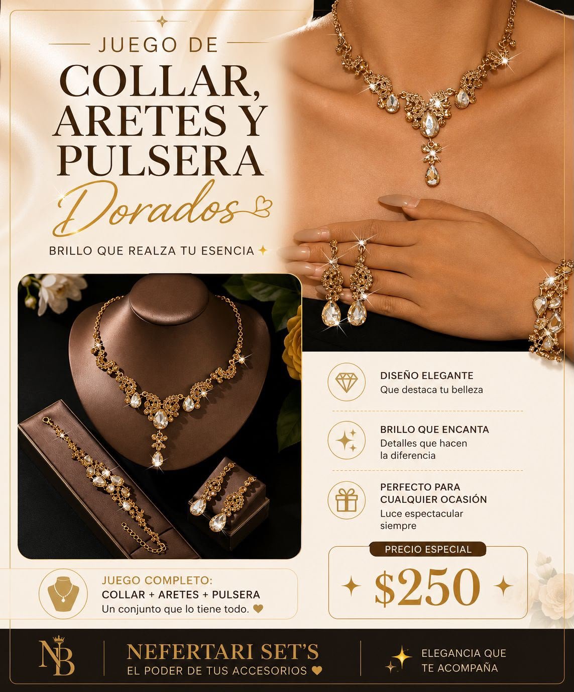 Set de Collar, Aretes y Pulsera Dorados